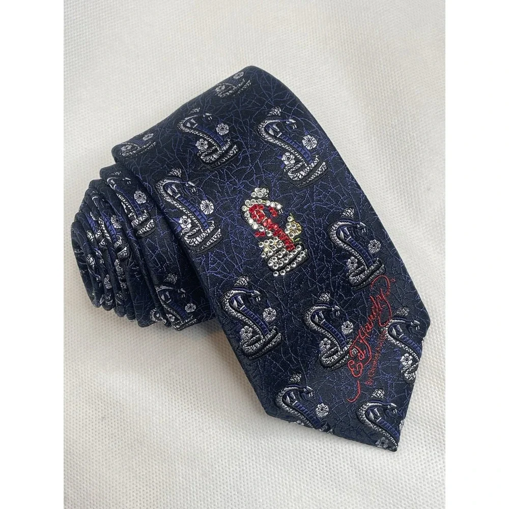 Ed Hardy by Christian Audigier Cobra Design Tie Black Blue Sparkling Necktie